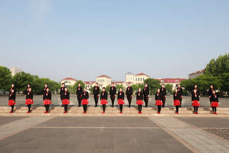 LUANNAN COUNTY, Hebei Province, China-May 10, 2020: The beauties are practicing the Sailor Dance in the park.のeditorial素材