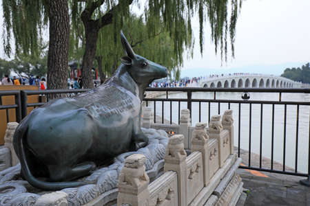 Beijing, China-October 6, 2020: Bronze ox sculpture in the Summer Palace, Beijingのeditorial素材