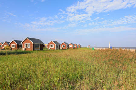 The wooden house in the background of blue skyのeditorial素材
