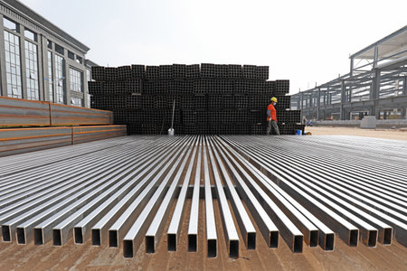 LUANNAN COUNTY, Hebei Province, China-August 11, 2020: The workers are painting the steel beams in...