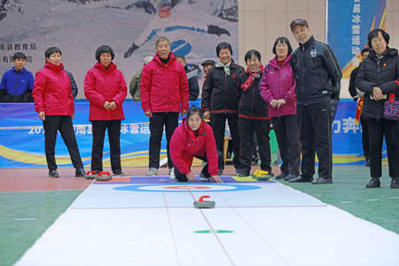 LUANNAN COUNTY, Hebei Province, China - November 26, 2019: The indoor land curling competition was...