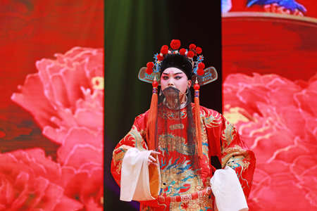LUANNAN COUNTY, Hebei Province, China - December 30, 2019: Traditional Chinese Peking Opera on stage.のeditorial素材