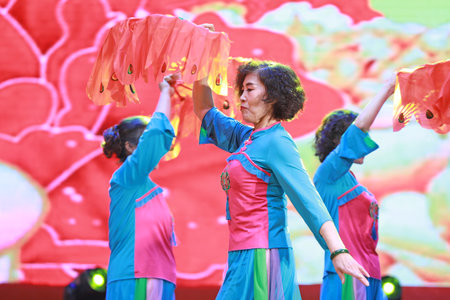 LUANNAN COUNTY, Hebei Province, China - January 1, 2020: Chinese traditional dance performance on stage.のeditorial素材