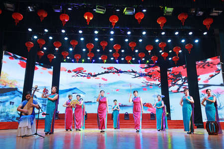 LUANNAN COUNTY, Hebei Province, China - January 13, 2020: Chinese traditional cheongsam show on stage.のeditorial素材