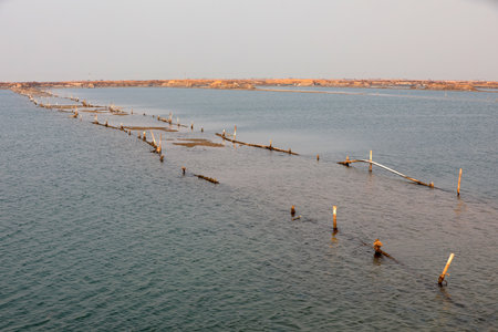Dilapidated piles on shallow beach, North Chinaの写真素材
