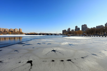 Natural scenery after winter snow in a park in North Chinaの写真素材