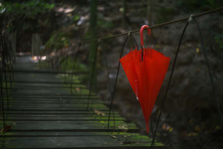 Red umbrella hangs at the bridge.の写真素材