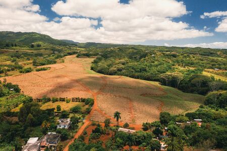 Bird's-eye view of the mountains and fields of the island of Mauritius.Landscapes Of Mauritiusの写真素材