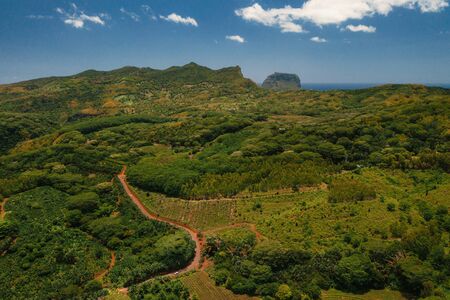 Bird's-eye view of the mountains and fields of the island of Mauritius.Landscapes Of Mauritiusの写真素材