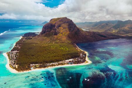 A bird's-eye view of Le Morne Brabant. Coral reef of the island of Mauritius.の写真素材