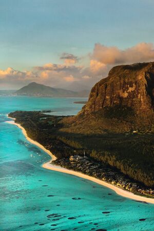 Amazing view of Le Morne Brabant at sunset. Mauritius island.の写真素材