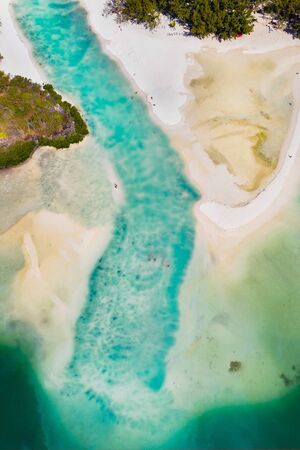 Aerial picture of the east coast of Mauritius Island. Beautiful lagoon of Mauritius Island shot from...