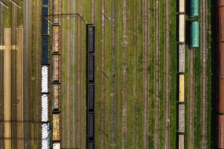 aerial photography of railway tracks and cars.Top view of cars and Railways.Minsk.Belarusの写真素材
