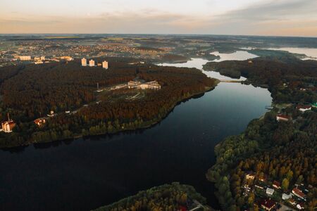Top view of the medical center in Zhdanovichi and the river, Minsk, view from the height of the medical center and the lake.Belarus.の写真素材