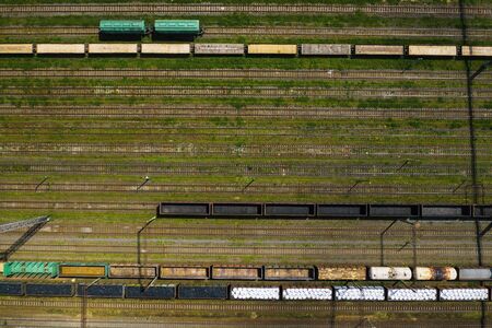 aerial photography of railway tracks and cars.Top view of cars and Railways.Minsk.Belarusの写真素材
