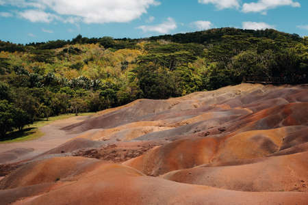 Seven colored earths in Mauritius, nature reserve, Chamarel. The green forest is behind us.Mauritius island.の写真素材