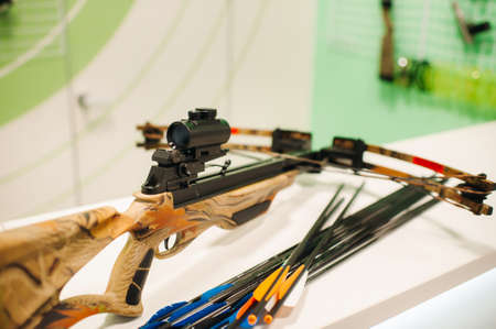 crossbow with arrows for shooting at a shooting range.Weapons for shooting at a shooting rangeの写真素材