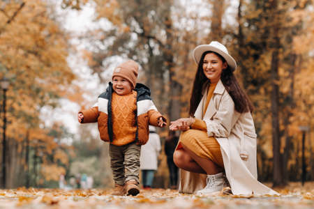 mother and son walk in the autumn Park. The family walks through the nature Park in the Golden autumnの写真素材