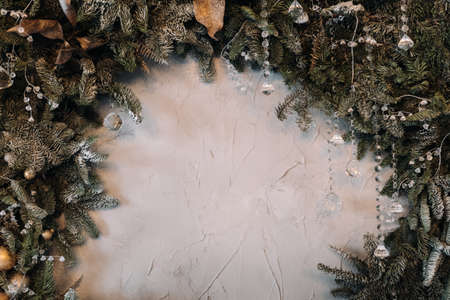 Christmas background with Christmas tree and decoration on light background.の写真素材