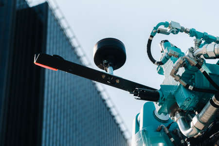 Hydraulic crane engine.The control system of the crane engine.Lifting hydraulic Department on the truck crane.The hydraulic system of the engine.hydraulic hoses on the crane.autoparts.の写真素材