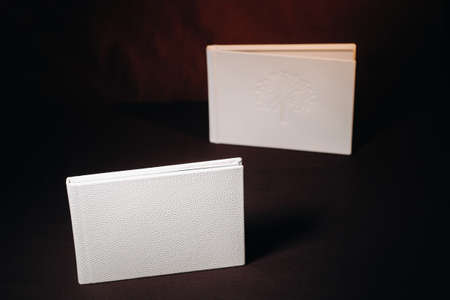 Composition of photo books in natural white leather of different sizes. The white paper on a dark...