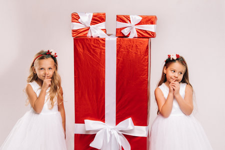 two little girls with Christmas gifts on a white background and a huge gift.の写真素材