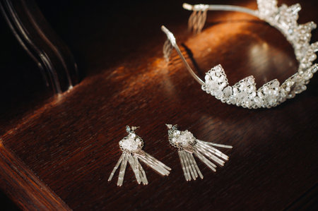 Wedding crown for the bride and earrings lie on the trellis.の写真素材
