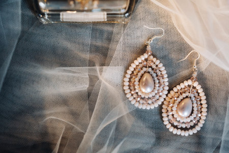 Accessories for the bride. Earrings on the veil. White wedding earrings. Space for text and adsの写真素材