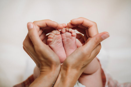 the feet of the newborn in the hands of the mother holds in the form of a heart. children's feet in the hands of the mother.の写真素材