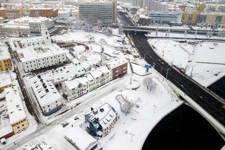 Snow-covered city center of Minsk from a height. The upper city. Belarus.