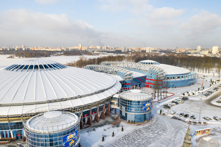 January 16, 2021.Modern complex of the state cultural and sports institution Chizhovka-Arena in Minsk. Belarus.のeditorial素材