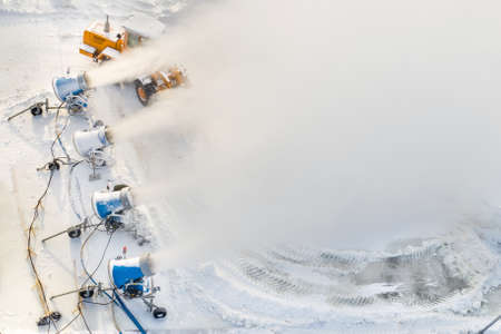 Top view of the work of four snow cannons for the production of artificial snow.の写真素材