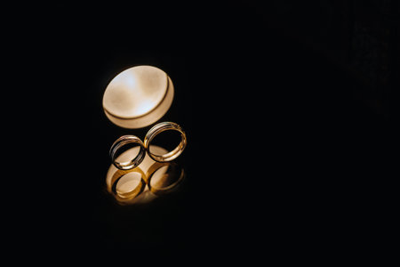 Close-up of two gold wedding rings for a wedding.の写真素材