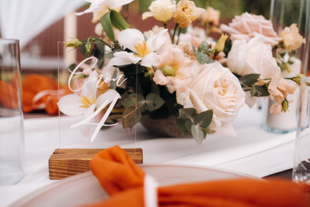 wedding table decoration with flowers on the table, dinner table decor.の写真素材