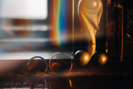 Close-up of two gold wedding rings for a wedding.の写真素材