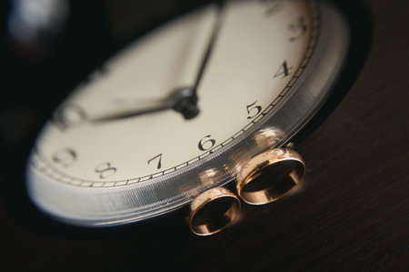 Close-up of two gold wedding rings for a wedding.の写真素材