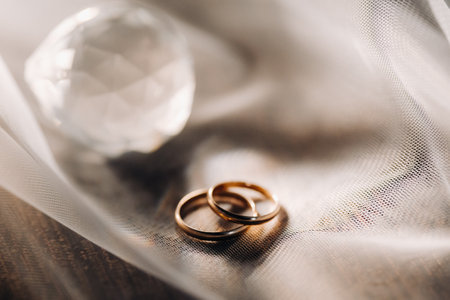 Close-up of two gold wedding rings for a wedding.の写真素材