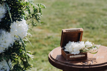 Wedding rings in the jewelry box at the wedding ceremony.