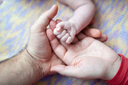 the hand of a sleeping child in the hand of a mother and father close-up. Close-up of the hands of...