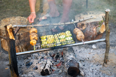 Zucchini and mushrooms are fried on a fire in the forest.の写真素材