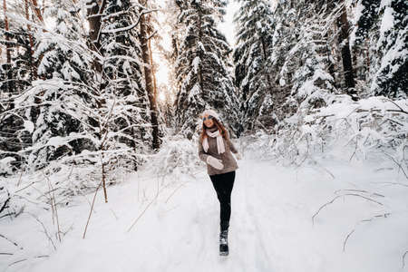 A girl in a sweater and glasses walks in the snow-covered forest in winter.の写真素材