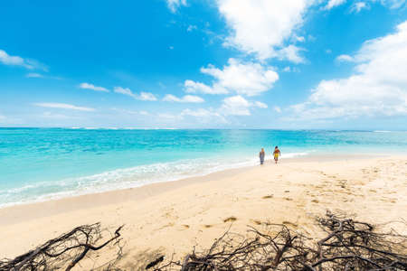 a couple on the beach in Le Morne Brabant, Mauritius in the Indian Ocean.の写真素材