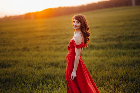 a beautiful girl in spring in a red dress is walking in a field at sunset. Taken from the air by a quadrocopter.の写真素材