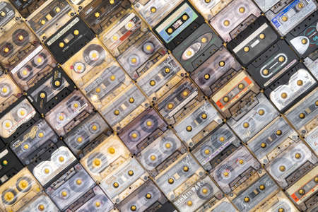 March 28,2021, Minsk, Belarus.A huge collection of audio cassettes. Retro music background.のeditorial素材