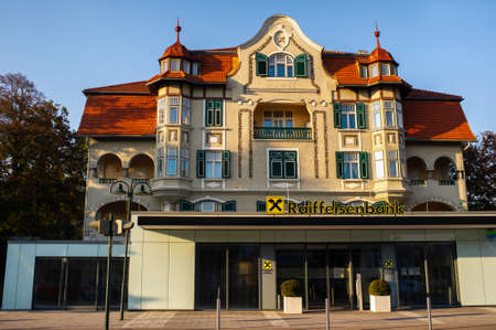 October 14, 2018 Velden am Worther See, Austria City street with houses in Velden am Worther See.のeditorial素材