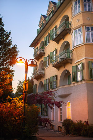 October 14, 2018 Velden am Worther See, Austria City street with houses in Velden am Worther See.のeditorial素材