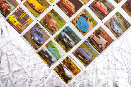 March 28, 2021 Minsk, Belarus. hobby collecting vintage Bombibom gum wrappers.のeditorial素材