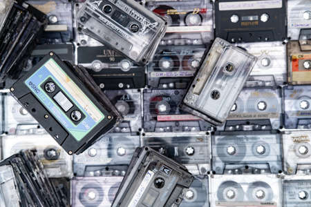 March 28,2021, Minsk, Belarus.A huge collection of audio cassettes. Retro music background.のeditorial素材