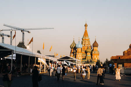 June 6, 2019. Red Square, Moscow, Russia. Kremlin towers and tourists on Red Square at sunset in Moscow.のeditorial素材