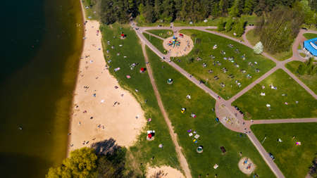 View from the height of the beach and vacationing people in Drozdy in Minsk.Belarus.の写真素材